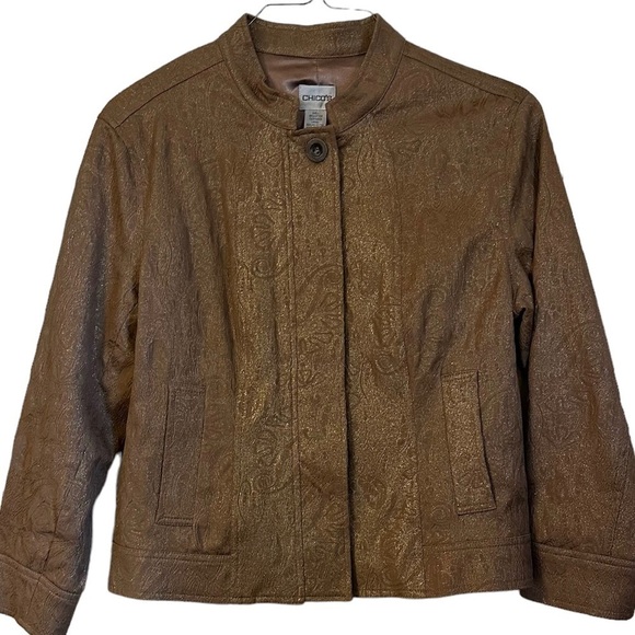 Chico’s Jacket Boxy Muted Leaf Print in Latte Brown w/ Metallic Gold Sheen Sz M - Picture 1 of 11